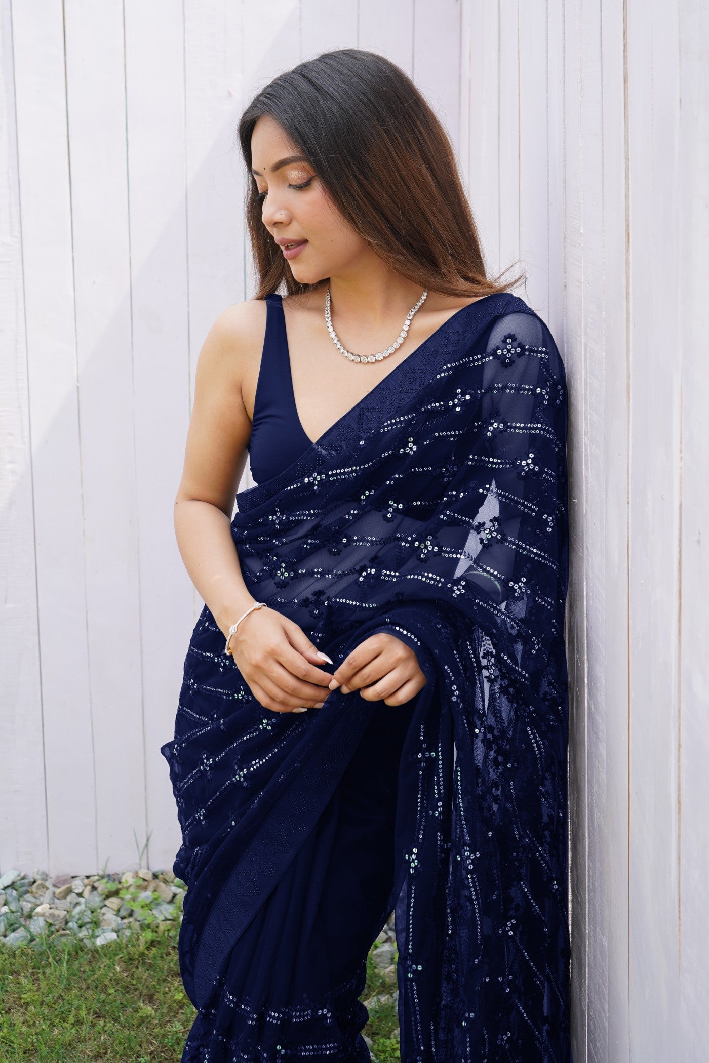 Berry Blue Embroidered Partywear Saree