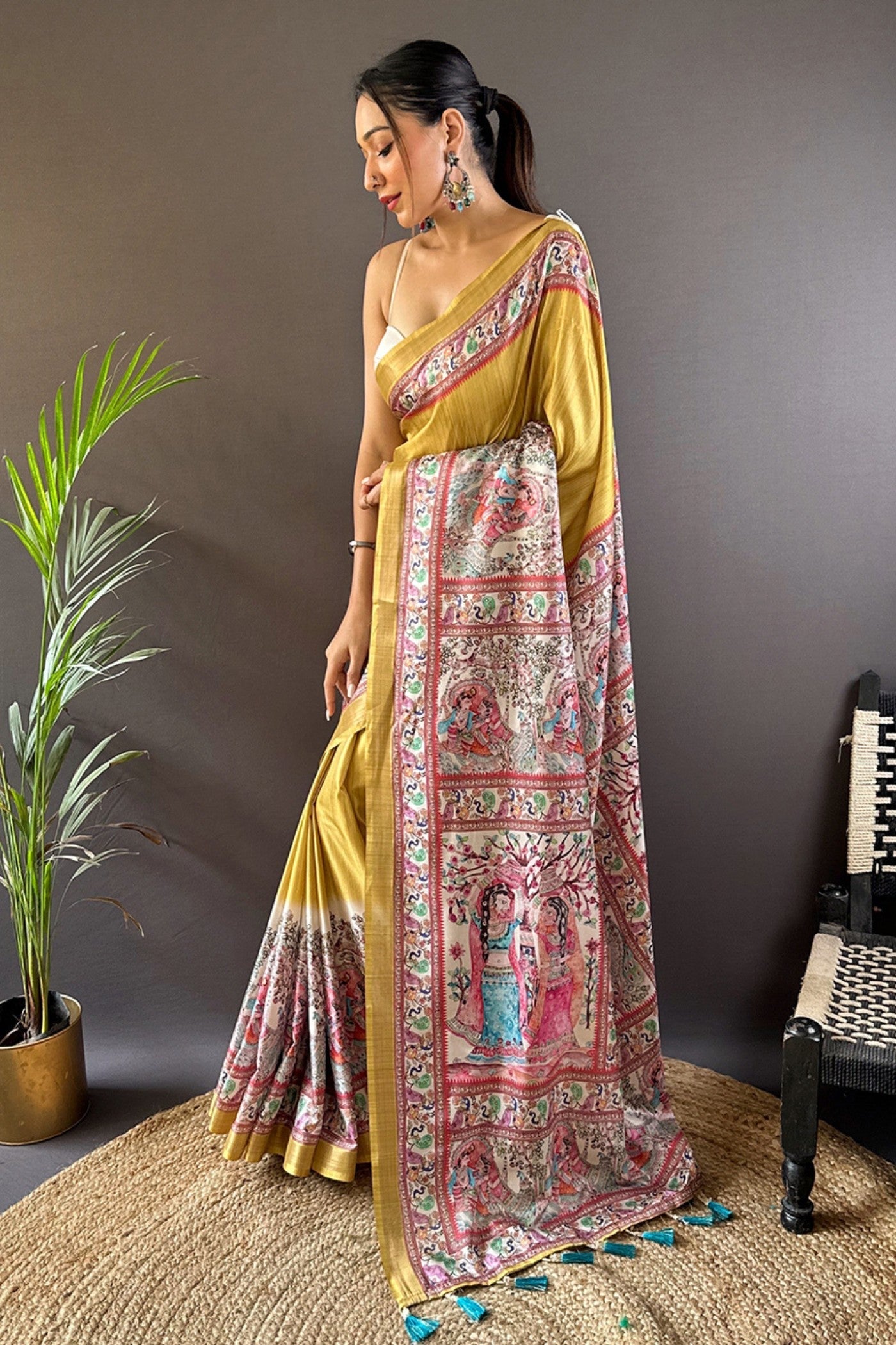 Anzac Yellow Madhubani Printed Tussar Silk Saree