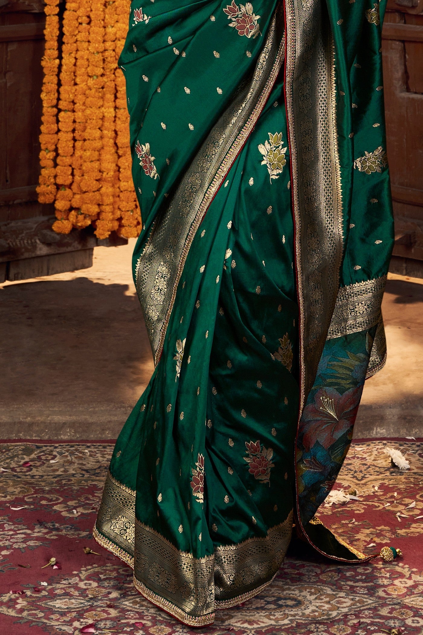 Bottle Green Designer Banarasi Saree