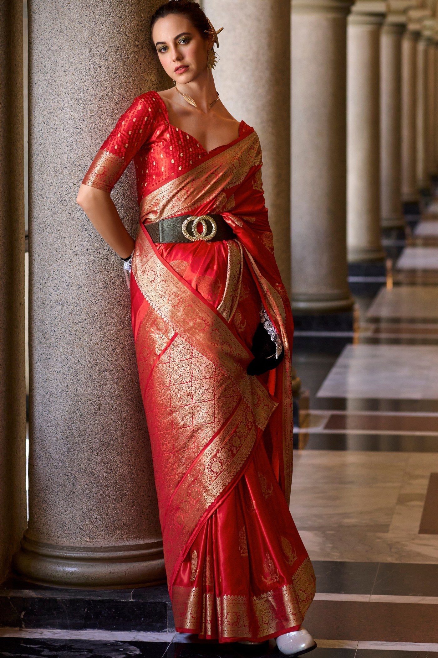 Chilli Red Handloom Satin Silk Saree