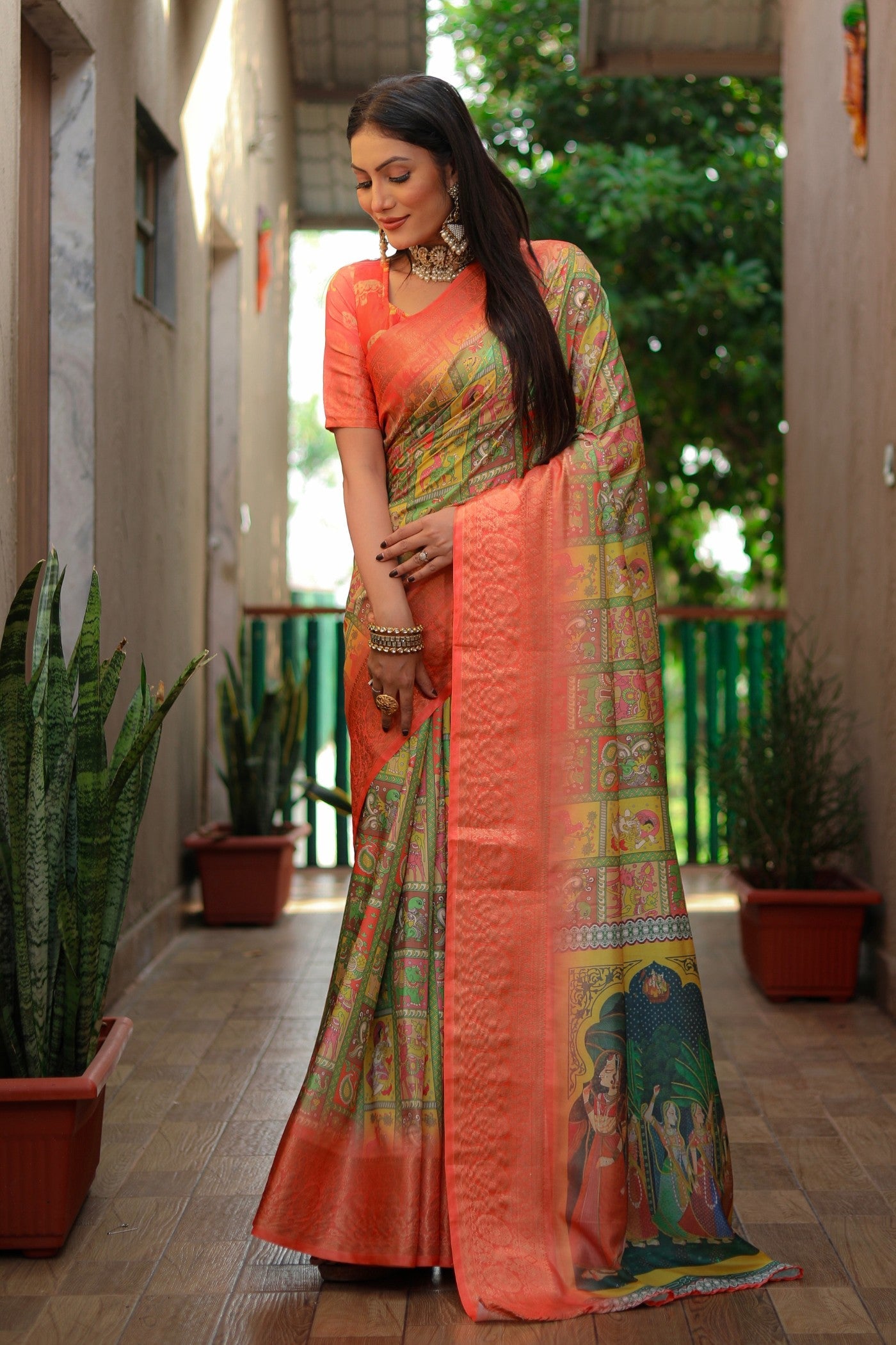 Sun Yellow and Orange Digital Printed Kalamkari Saree