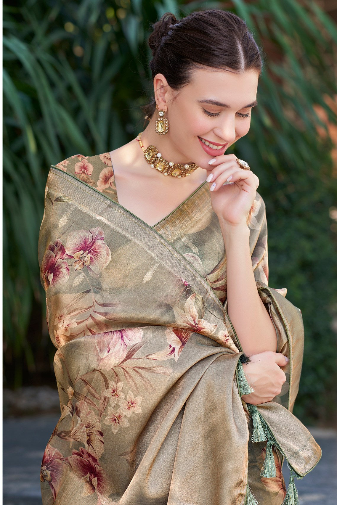 Beaver Brown Digital Printed Organza Saree