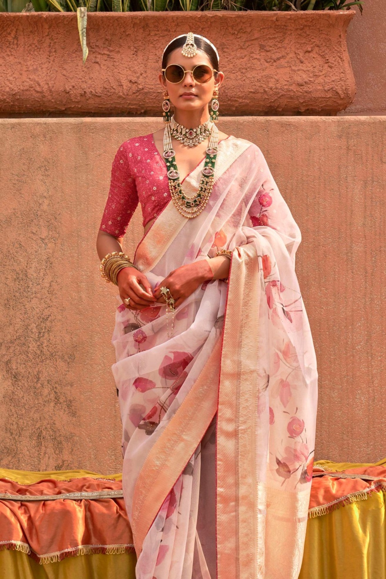 Beauty Pink Zari Woven Organza Saree