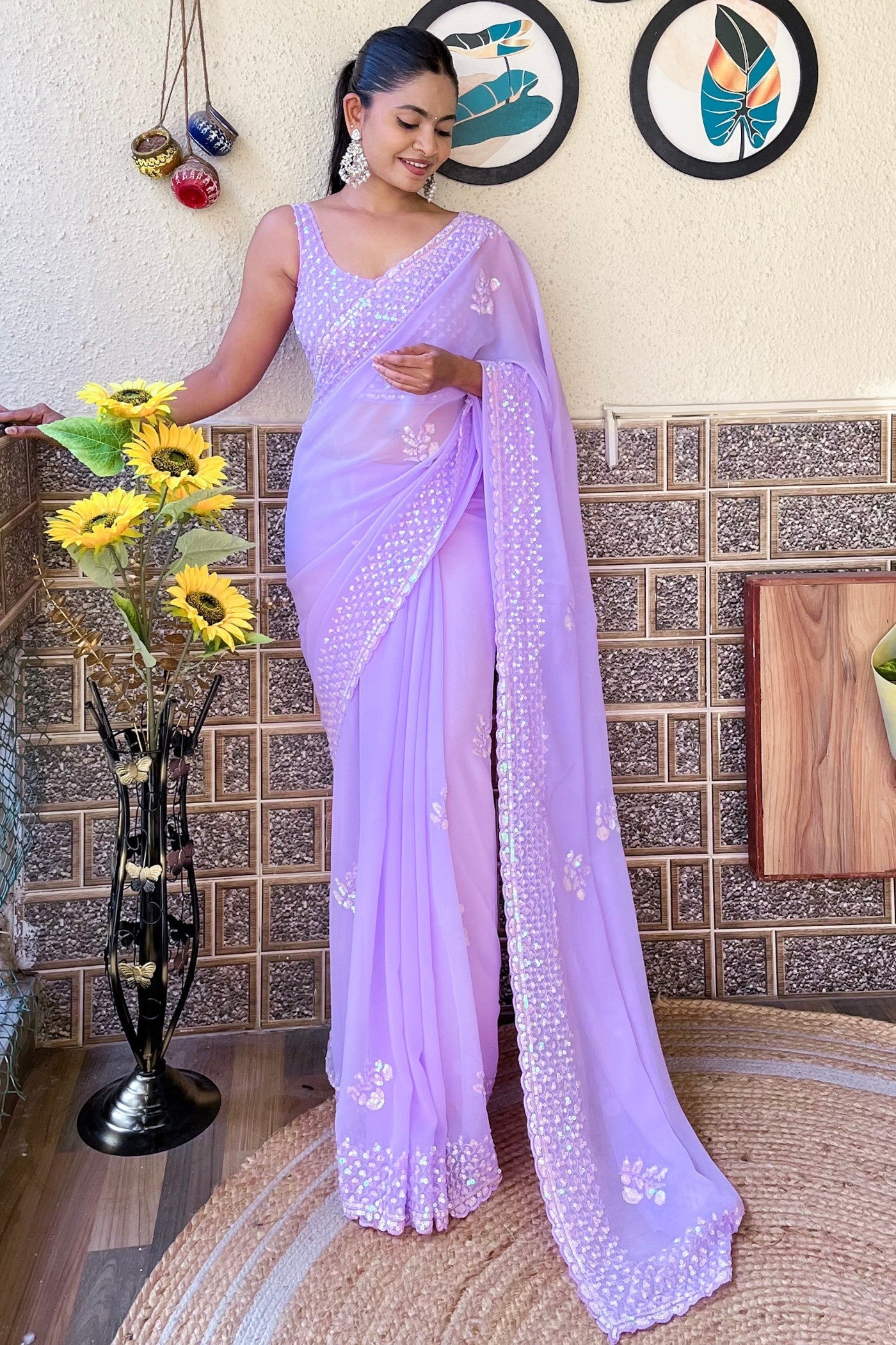 Crocus Lavender Embroidery Georgette saree