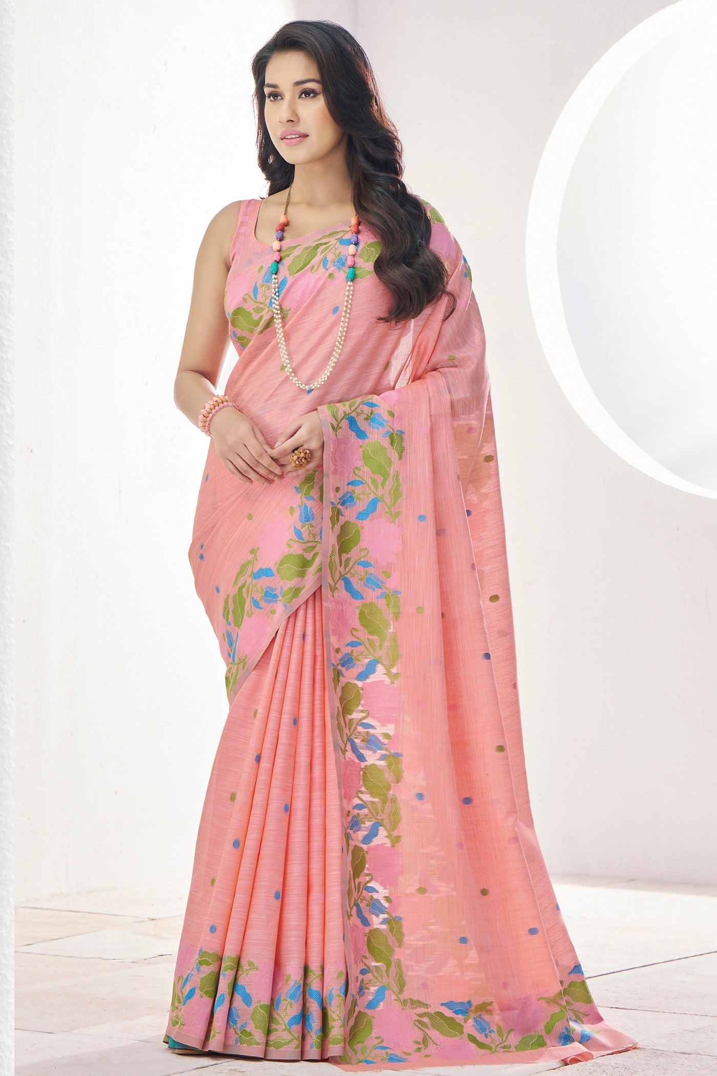 Copper Peach Printed Linen Saree