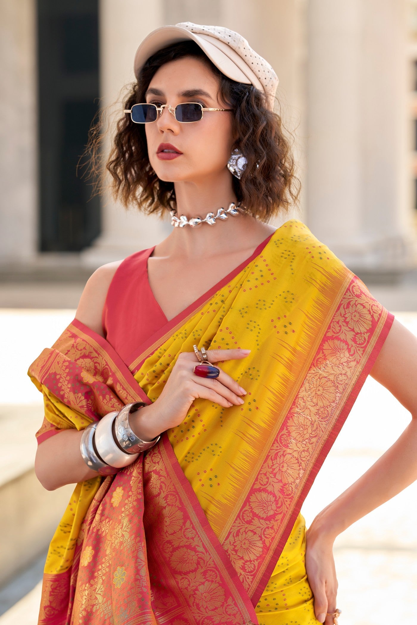 Fuel Yellow Woven Banarasi Bandhani Soft Silk Saree