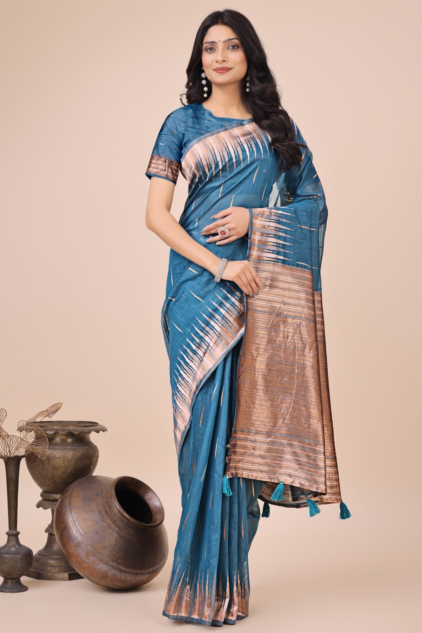 Cyan Blue Linen Cotton Saree