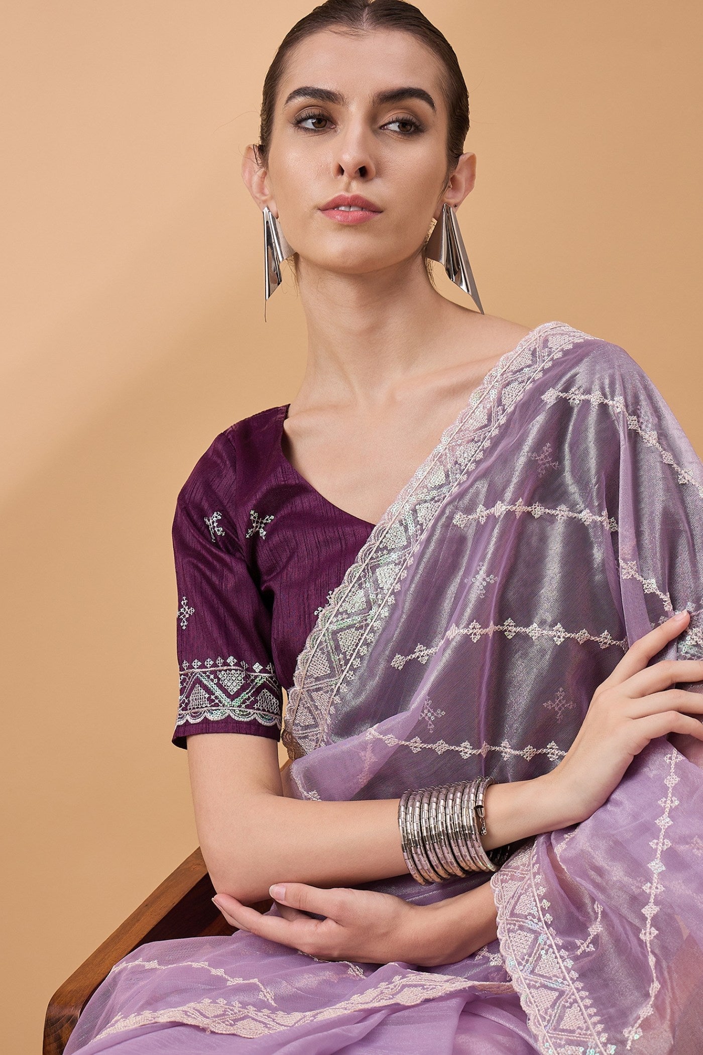 Mountbatten Purple Organza Partywear Saree