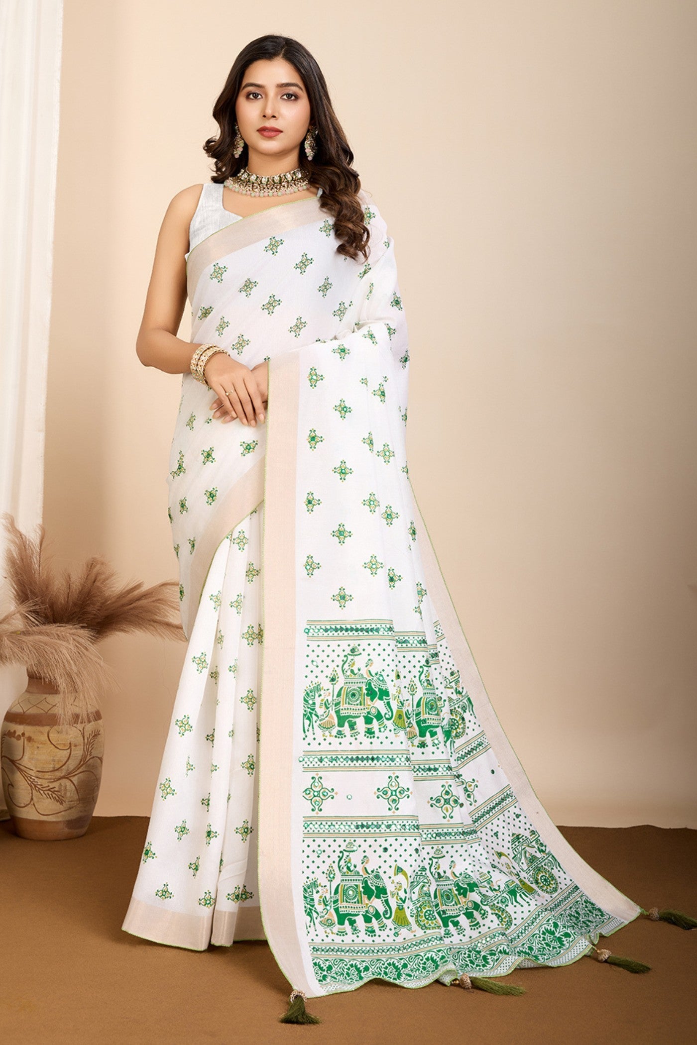 Pearl White and Green Printed Cotton Designer Saree