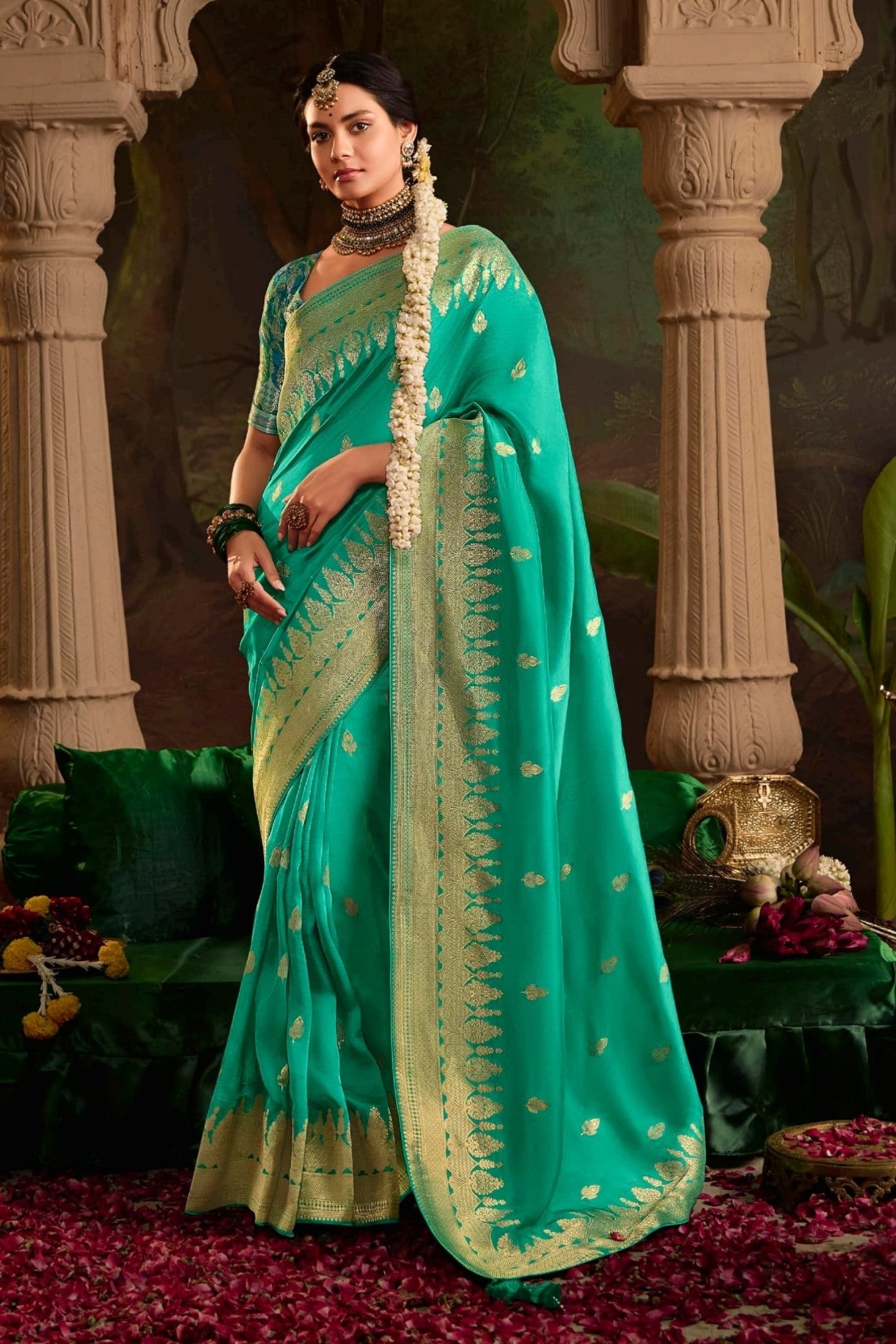 Emerald Green Designer Banarasi Dola Silk Saree