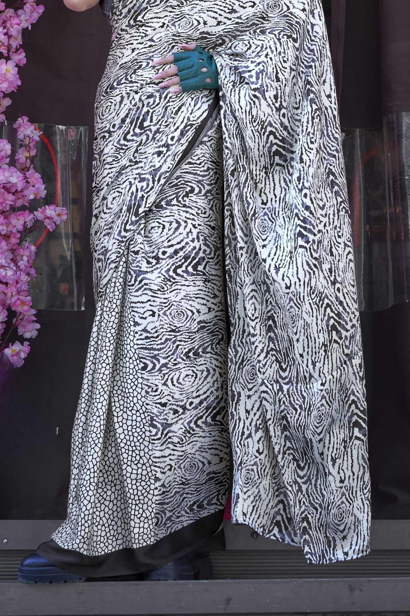 Zebra Gery Printed Satin Crepe Silk Saree