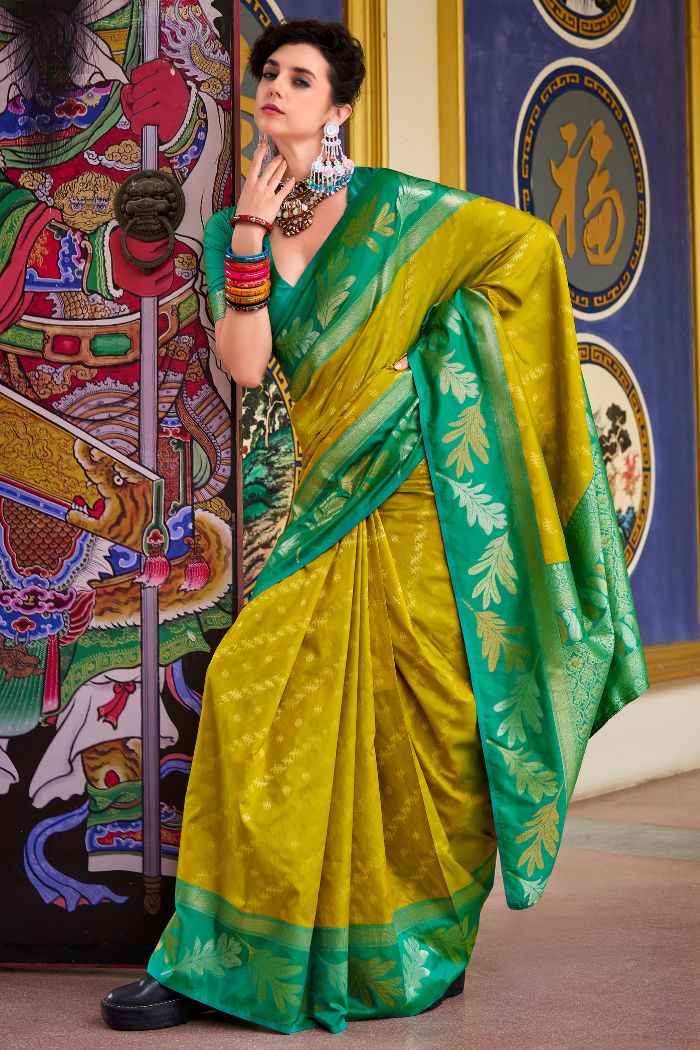 Hot Toddy Yellow and Green Banarasi Soft Silk Saree