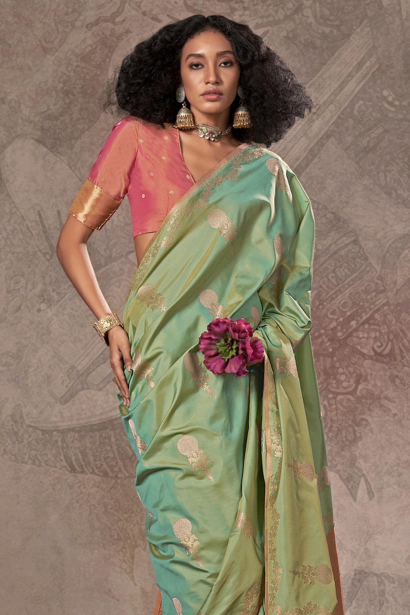 Pickle Green Two Tone Banarasi Handloom Saree