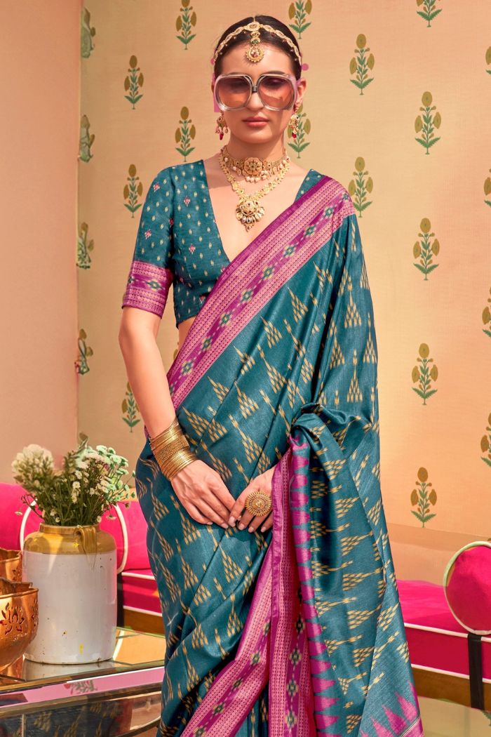 Water Blue Printed Banarasi Soft Silk Saree