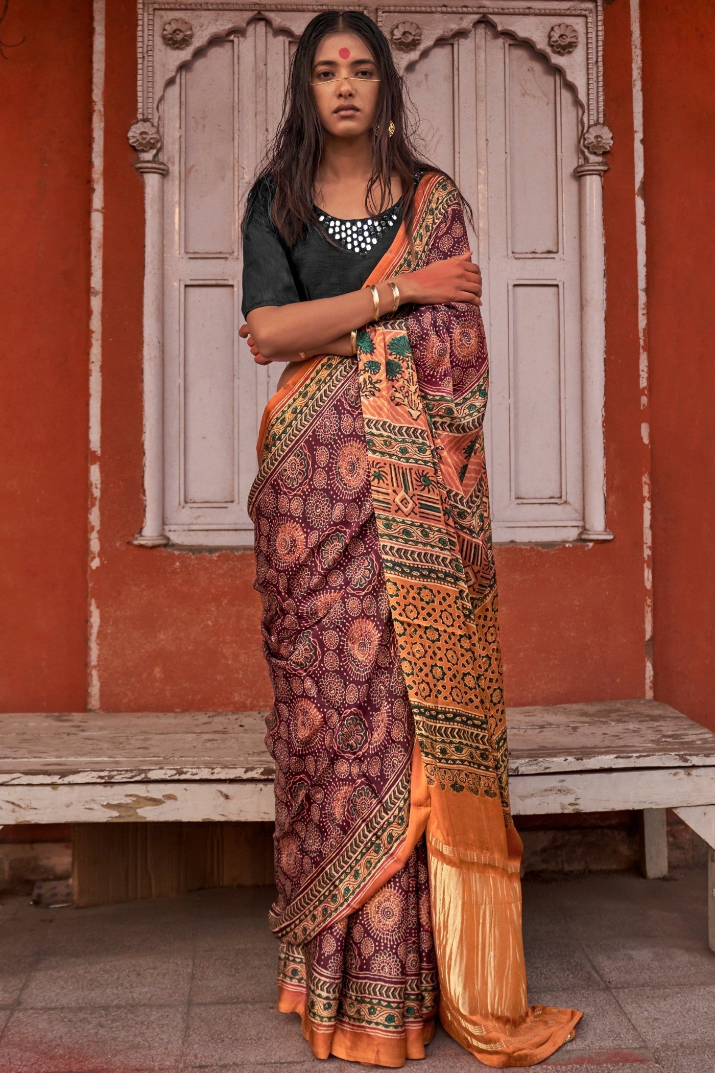 Coca Brown and Orange Ajrakh Handprinted Satin Saree