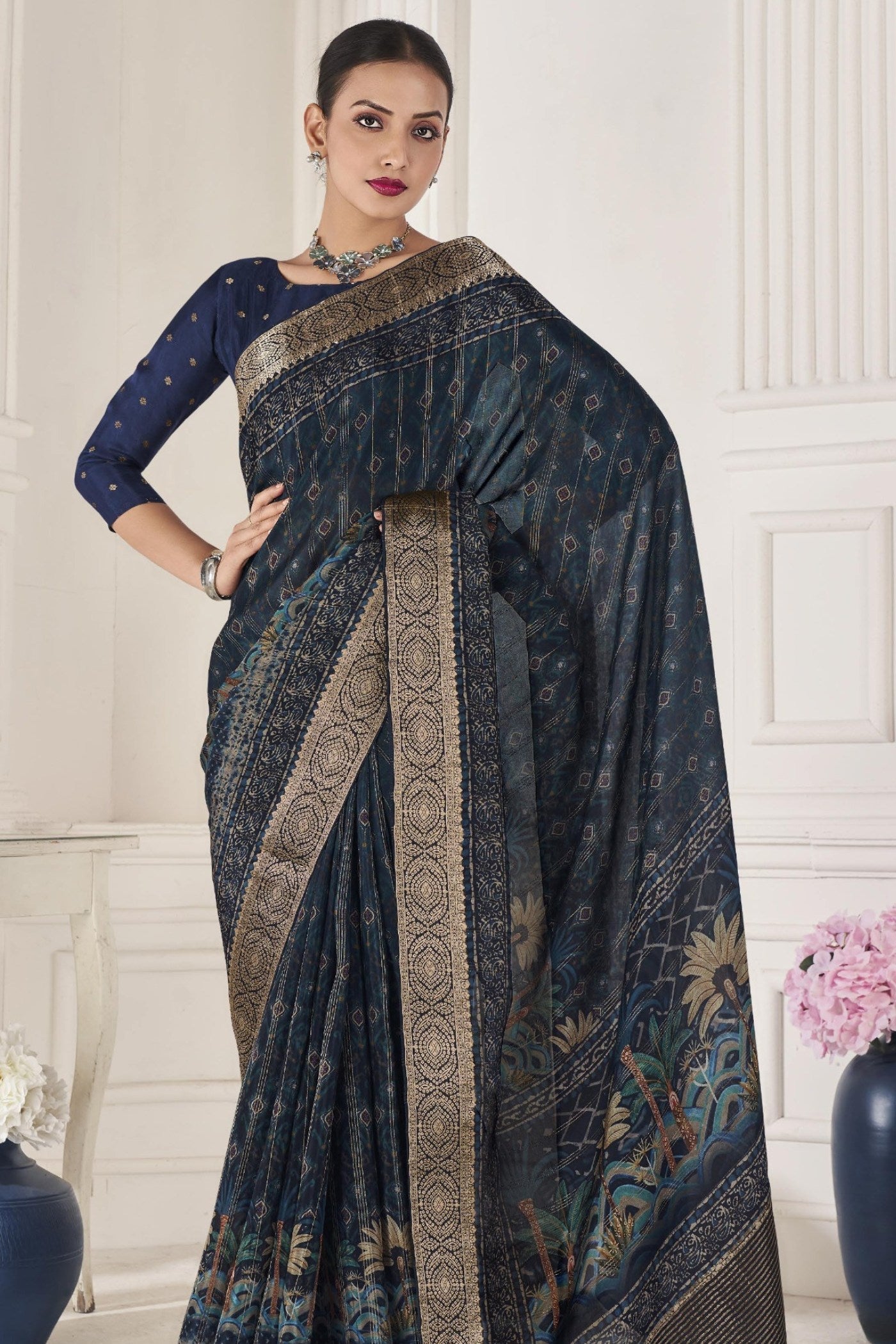 Ebony Clay Blue Banarasi Silk Saree