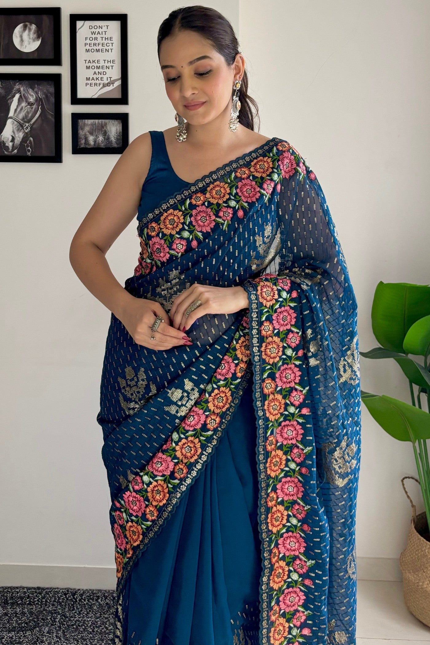 Teal Blue Embroidery Designer Georgette Saree