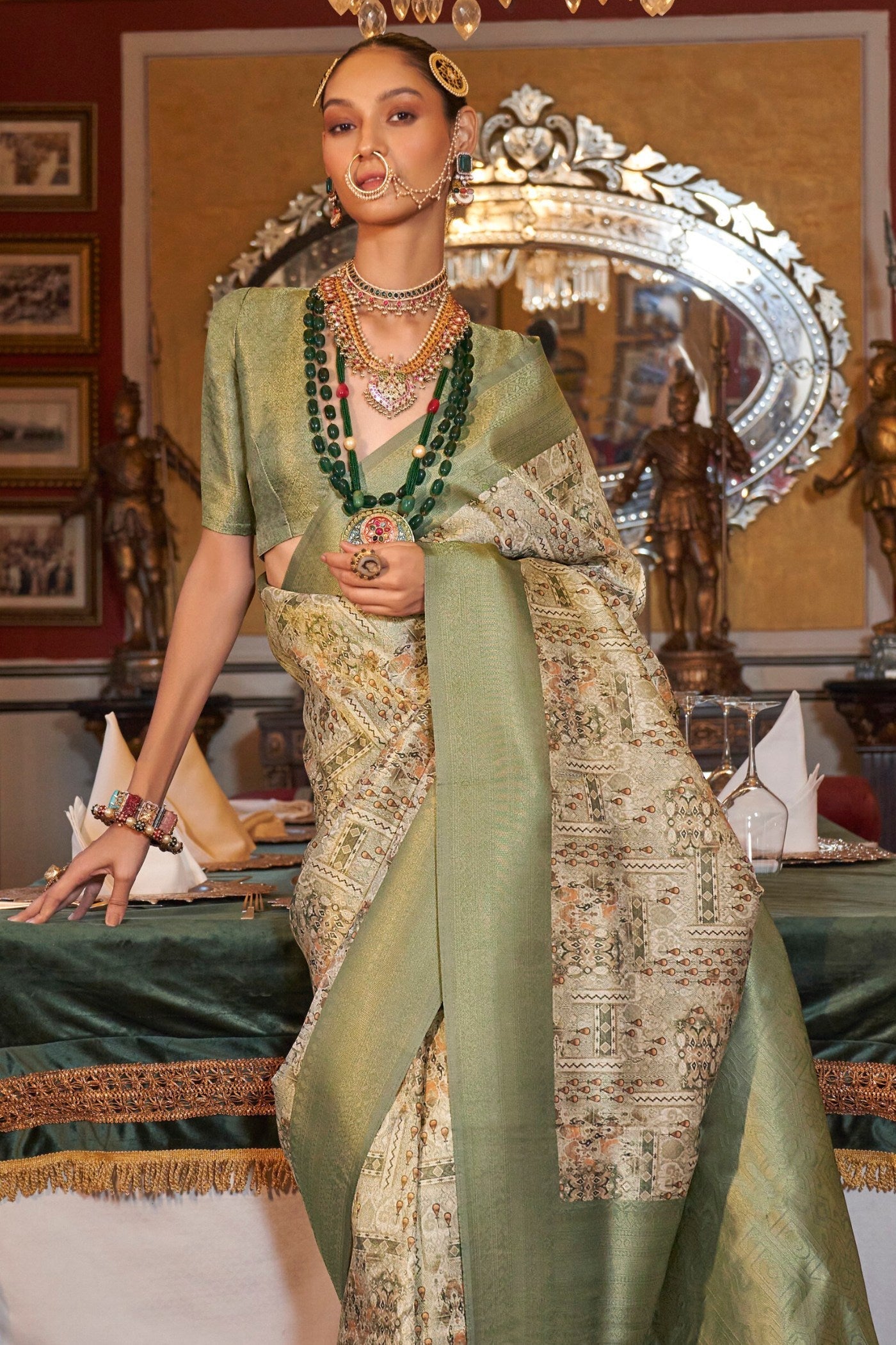 Locust Green Banarasi Digital Printed Saree