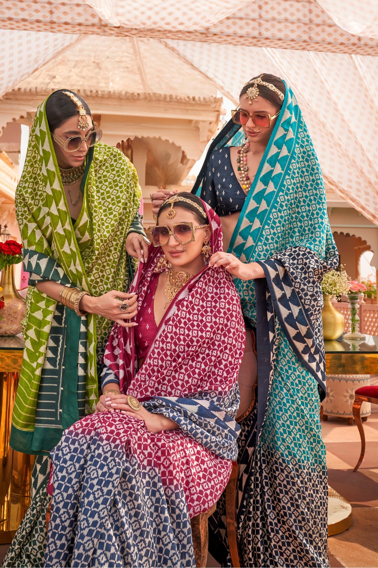 Berry Pink and Blue Printed Patola Saree