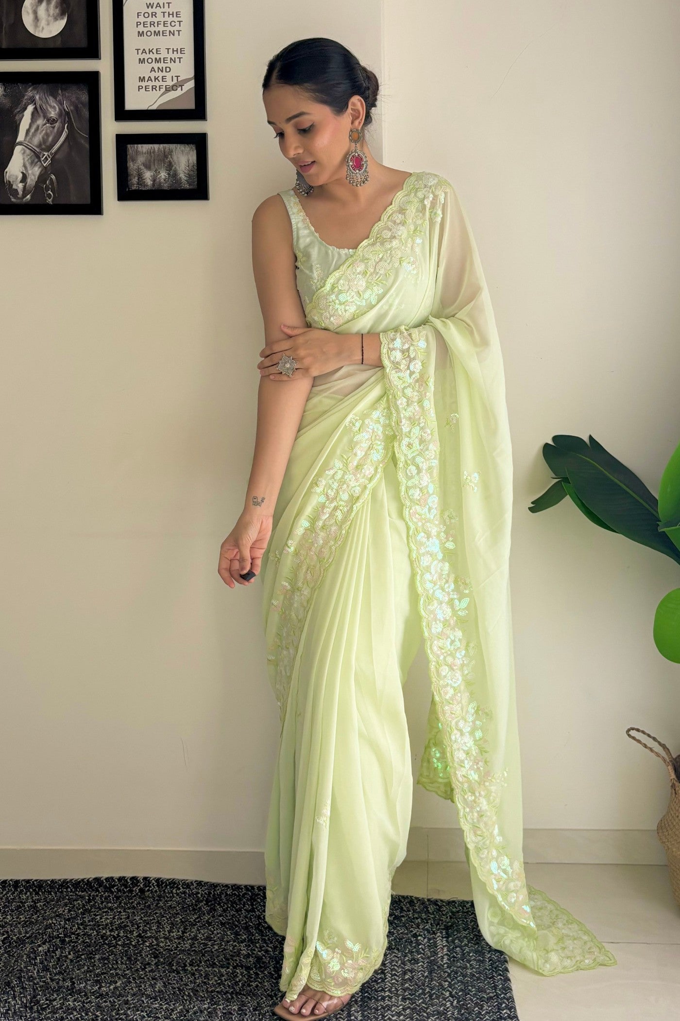 Pineapple Green Embroidery Georgette saree