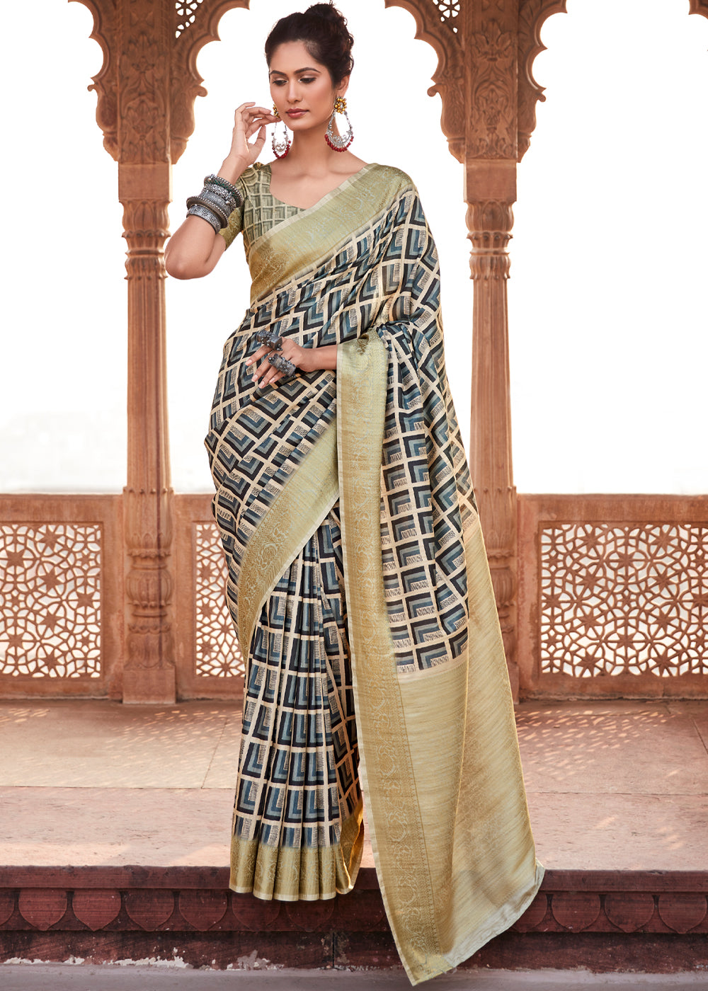 Pewter Blue and Handloom Banarasi Silk Saree