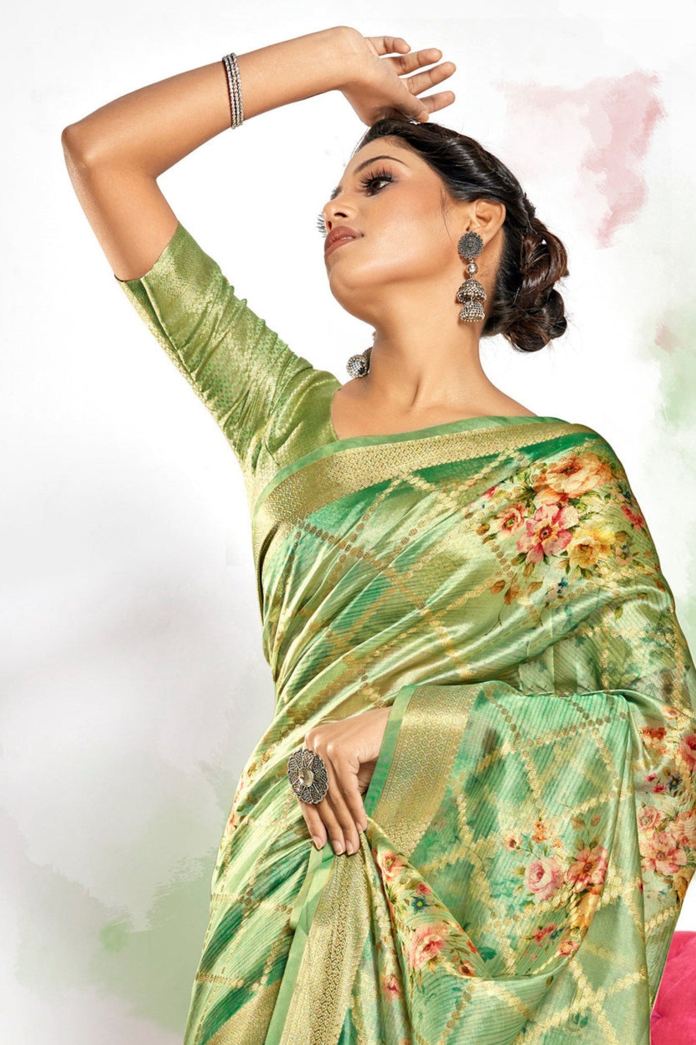 Olive Green Digital Printed Banarasi Saree