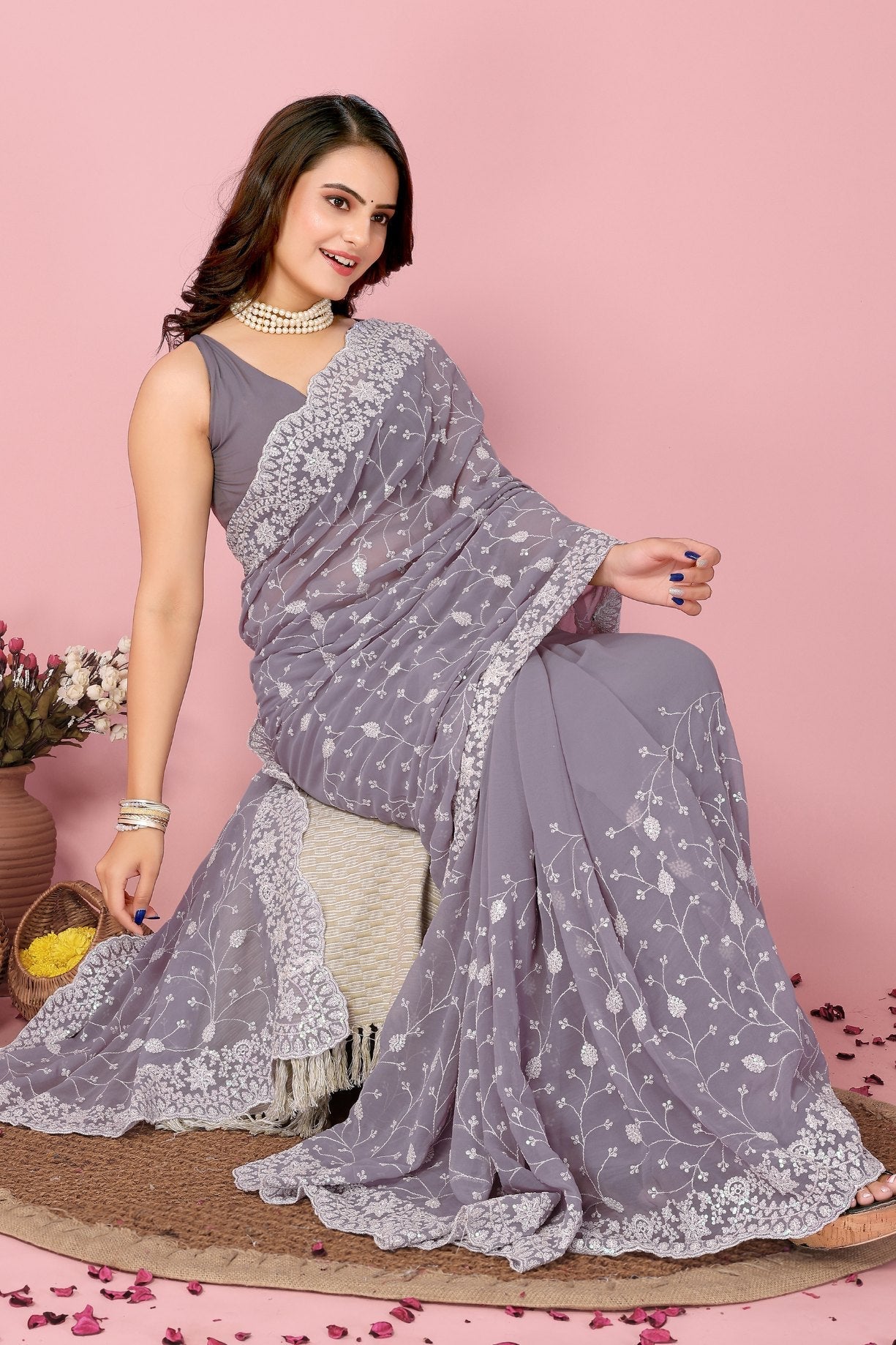 Mountain Mist Grey Georgette Embroidered Silk Saree