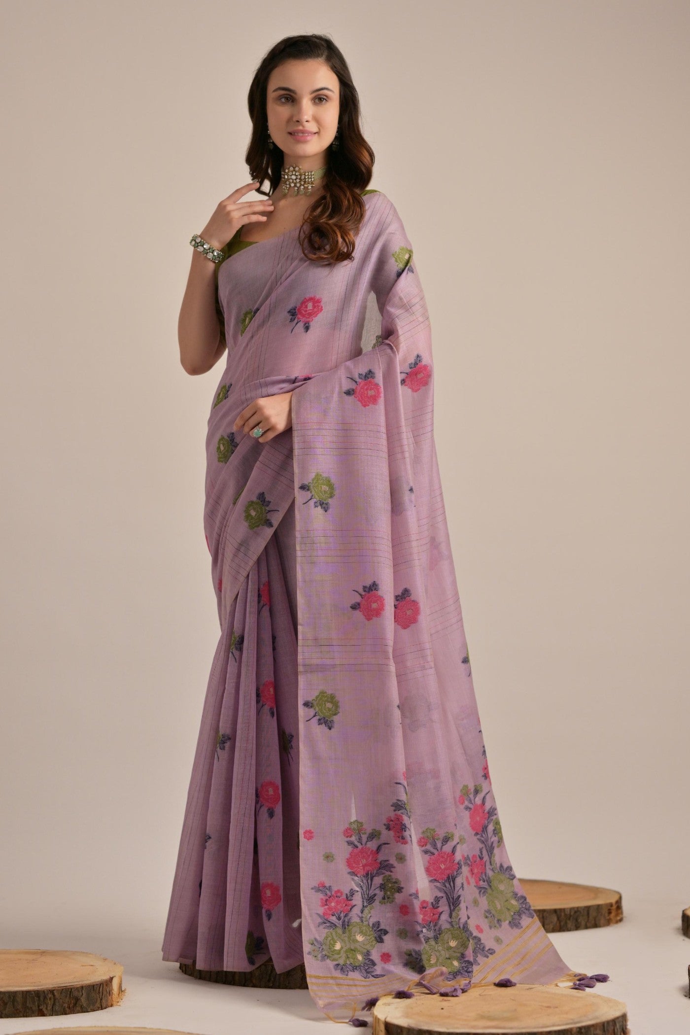 African Lavender Floral Woven Muga Cotton Saree