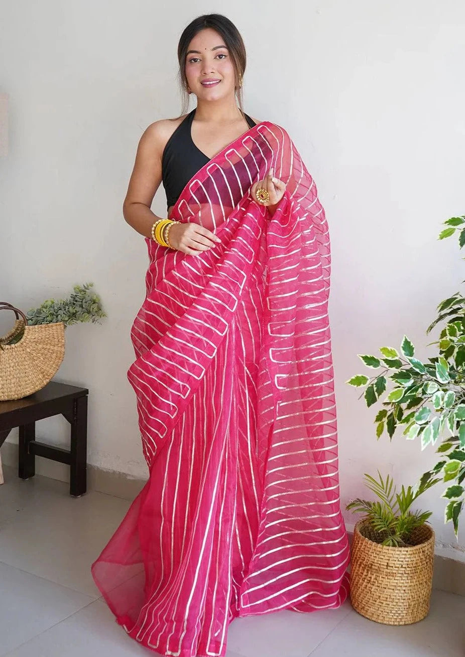 Soft Refined Organza Silk Saree With Silver Gota Work