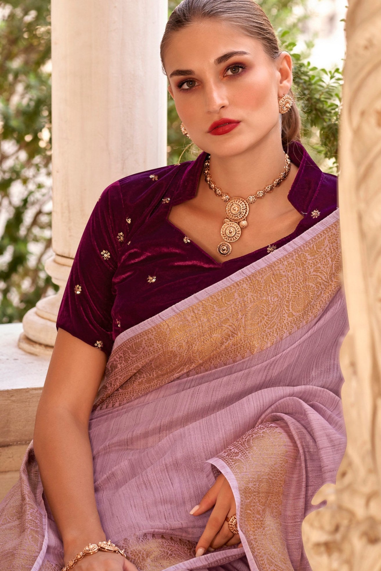 Turkish Rose Purple Zari Woven Linen Saree