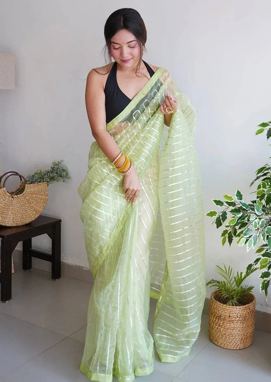 Soft Refined Organza Silk Saree With Silver Gota Work