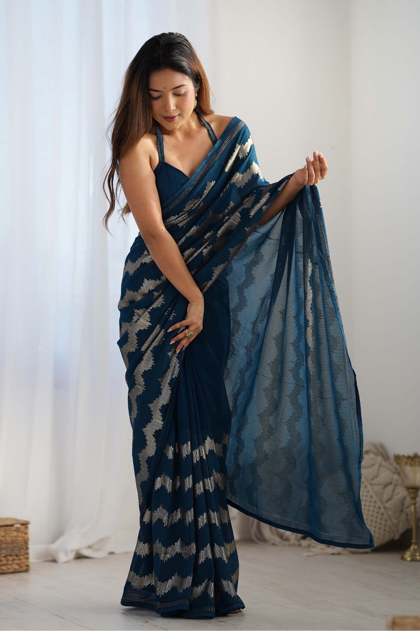 Indigo Blue Embroidered Partywear Saree