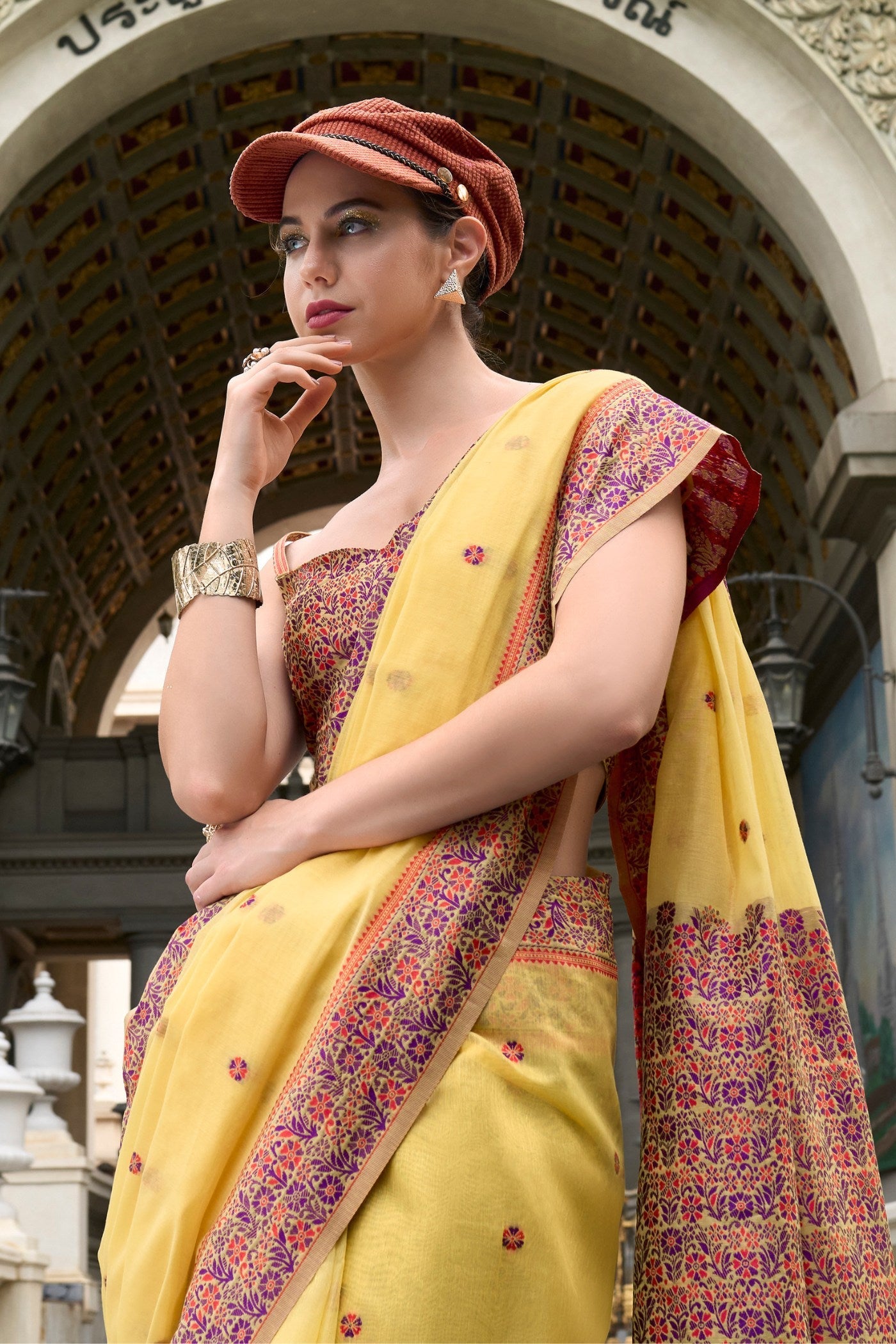 Apache Yellow Handloom Linen Cotton Saree