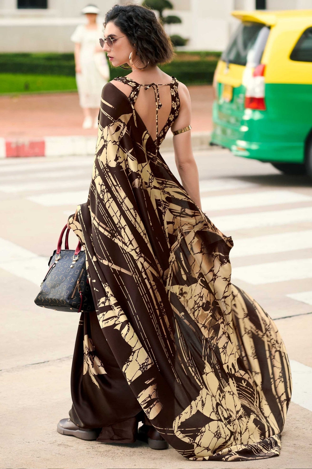 Cold Coffe Brown Printed Satin Crepe Saree