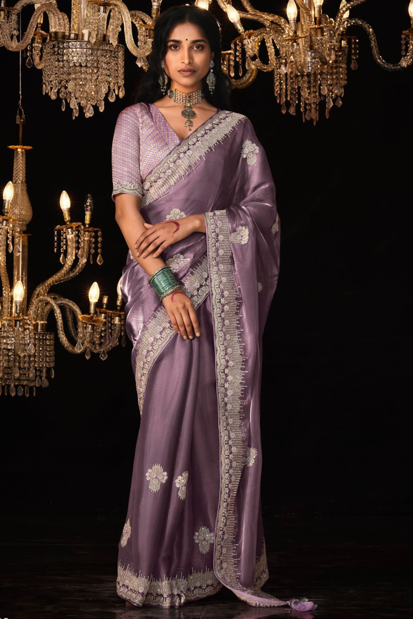 Old Rose Purple Tissue Embroidered Designer Saree