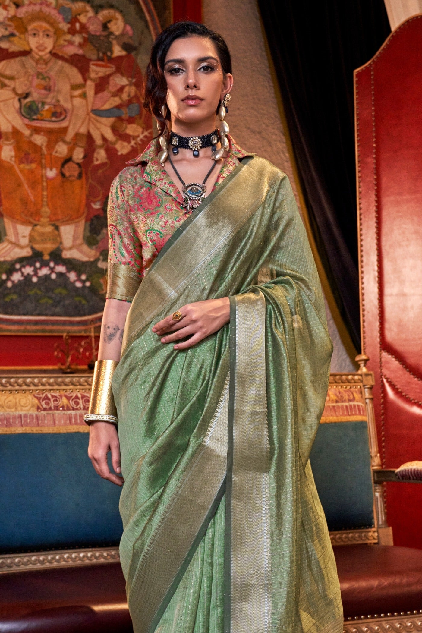 Olive Green Chiffon Silk Saree