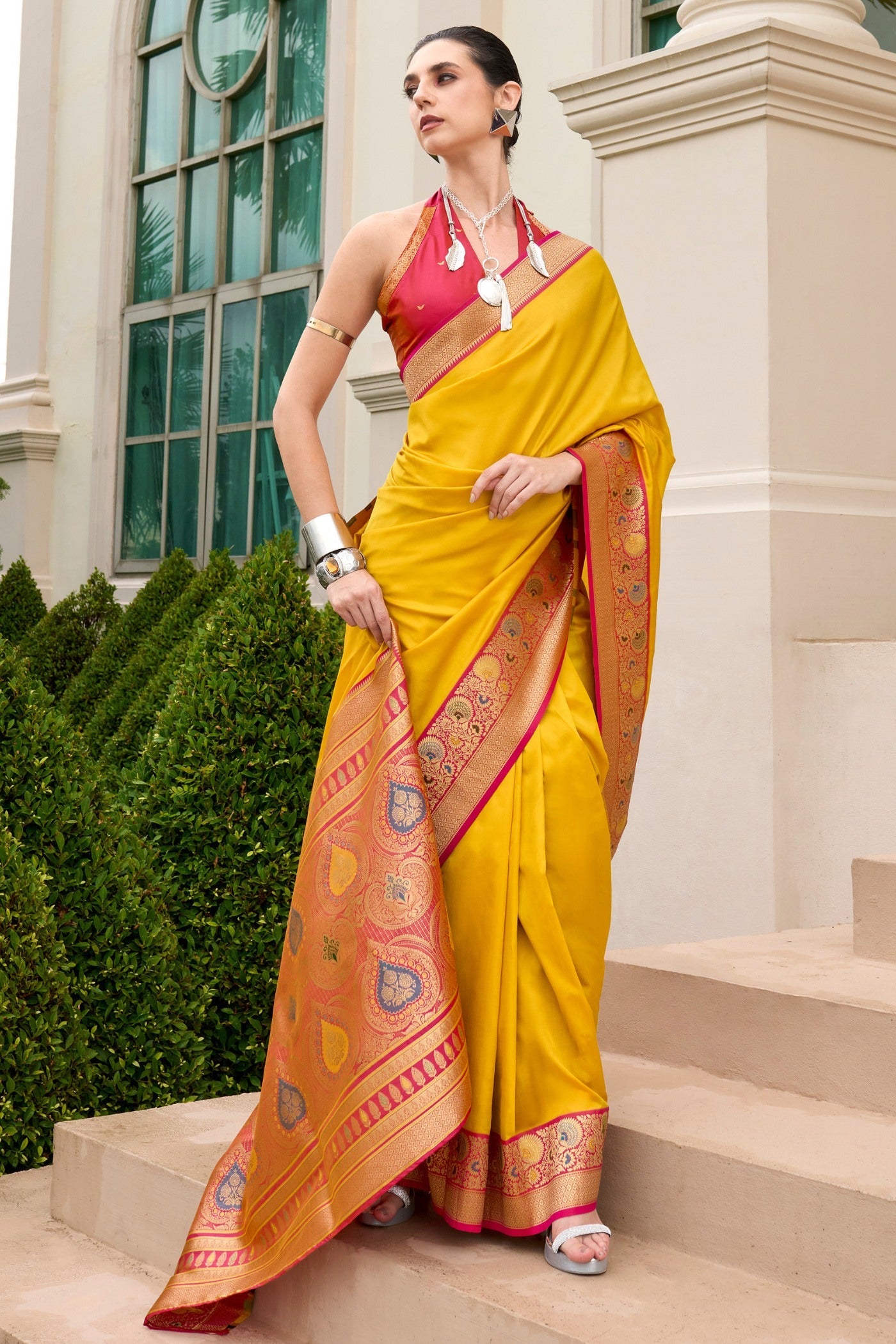 Mango Yellow Woven Banarasi Soft Silk Saree