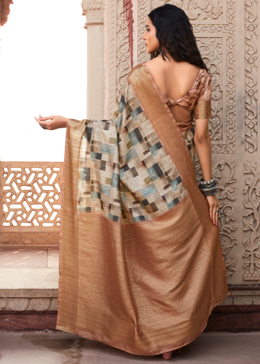 Bone Cream and Handloom Banarasi Silk Saree