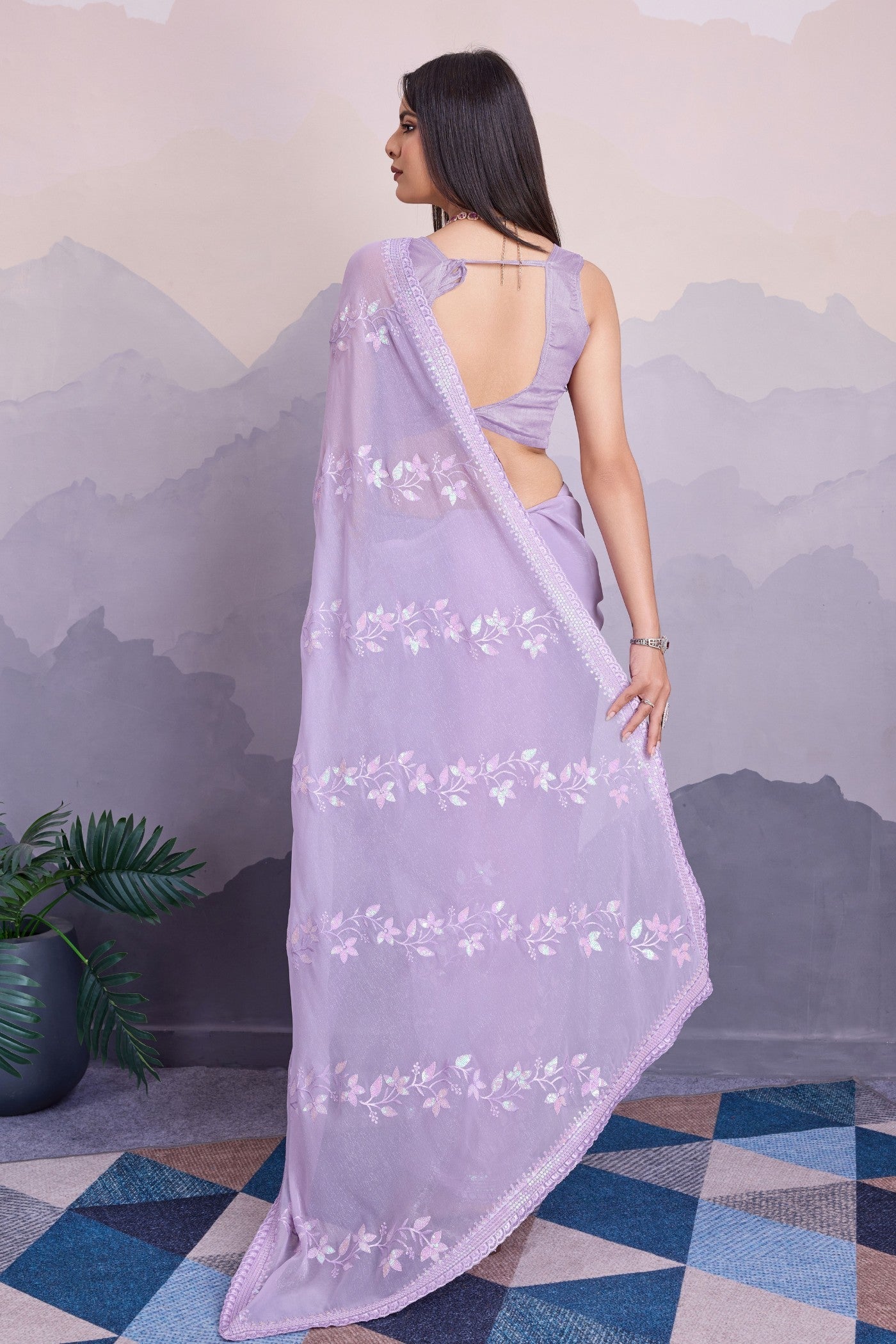 Lavender Flower Embroidered Designer Chiffon Saree