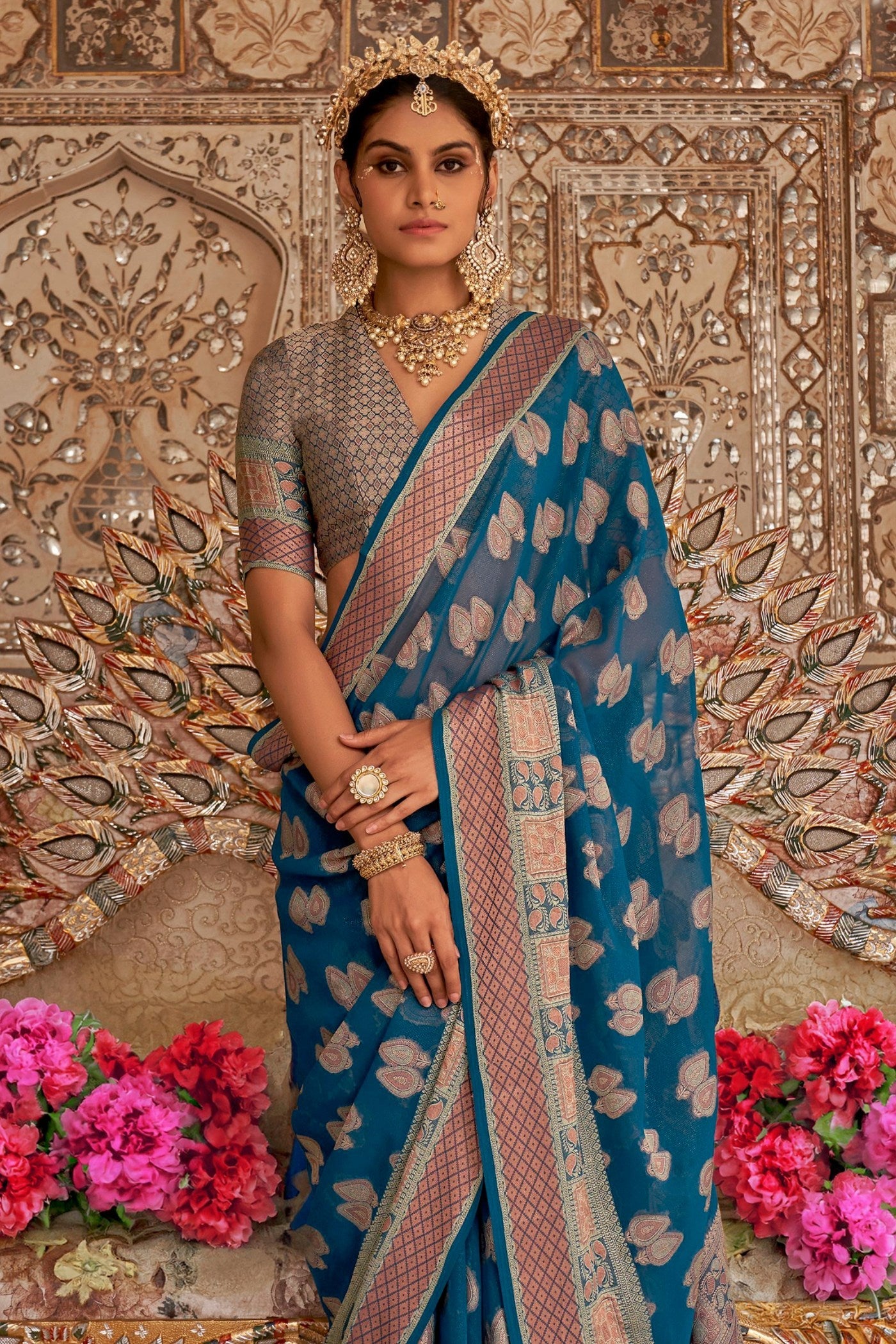 Cobalt Blue Zari Woven Georgette Saree