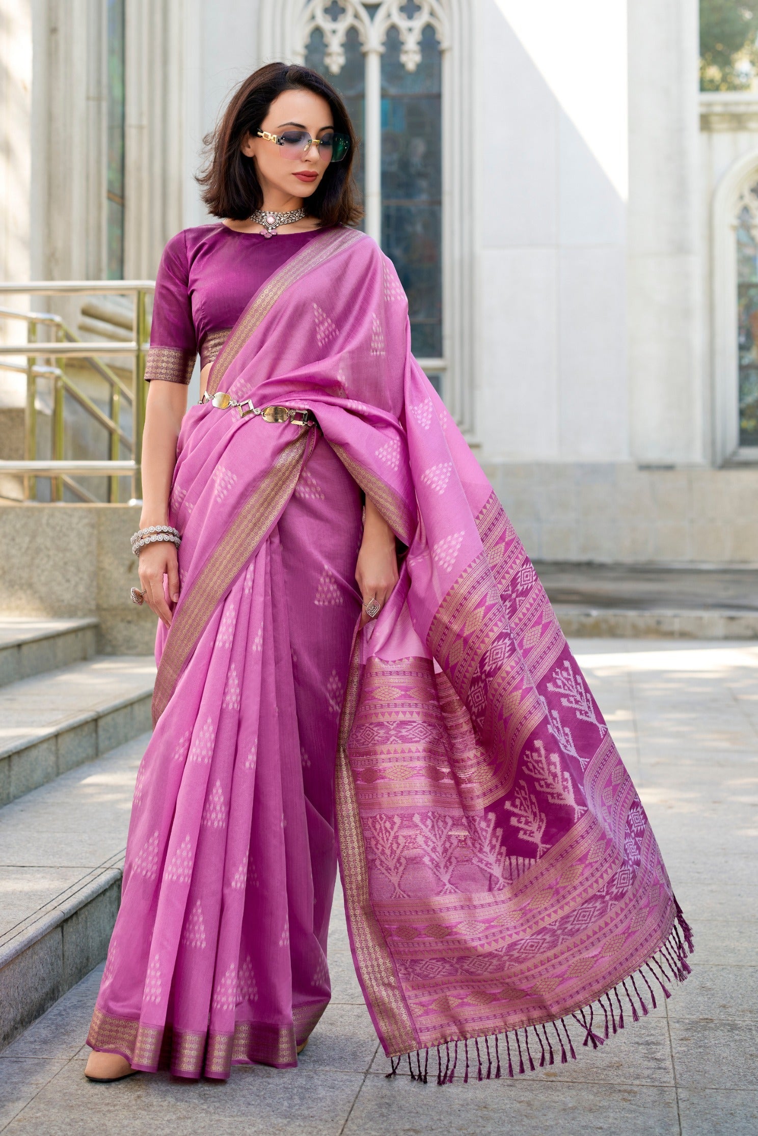 Mega Pink Ikkat Woven Banarasi Saree