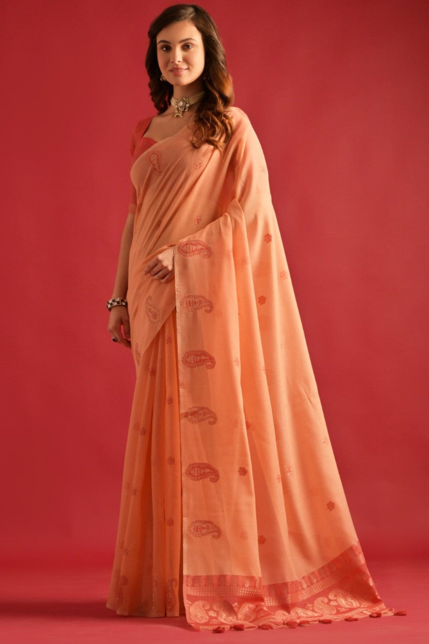 Blushing Peach Woven Mul Cotton Saree