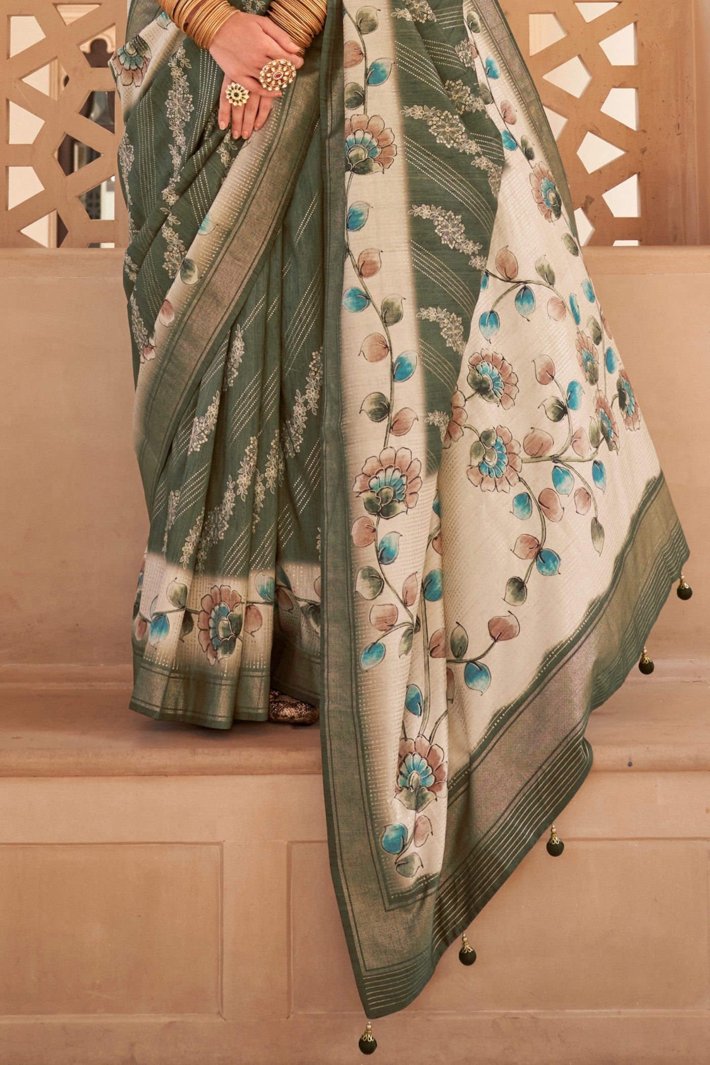 Hemlock Green Floral Printed Banarasi Saree