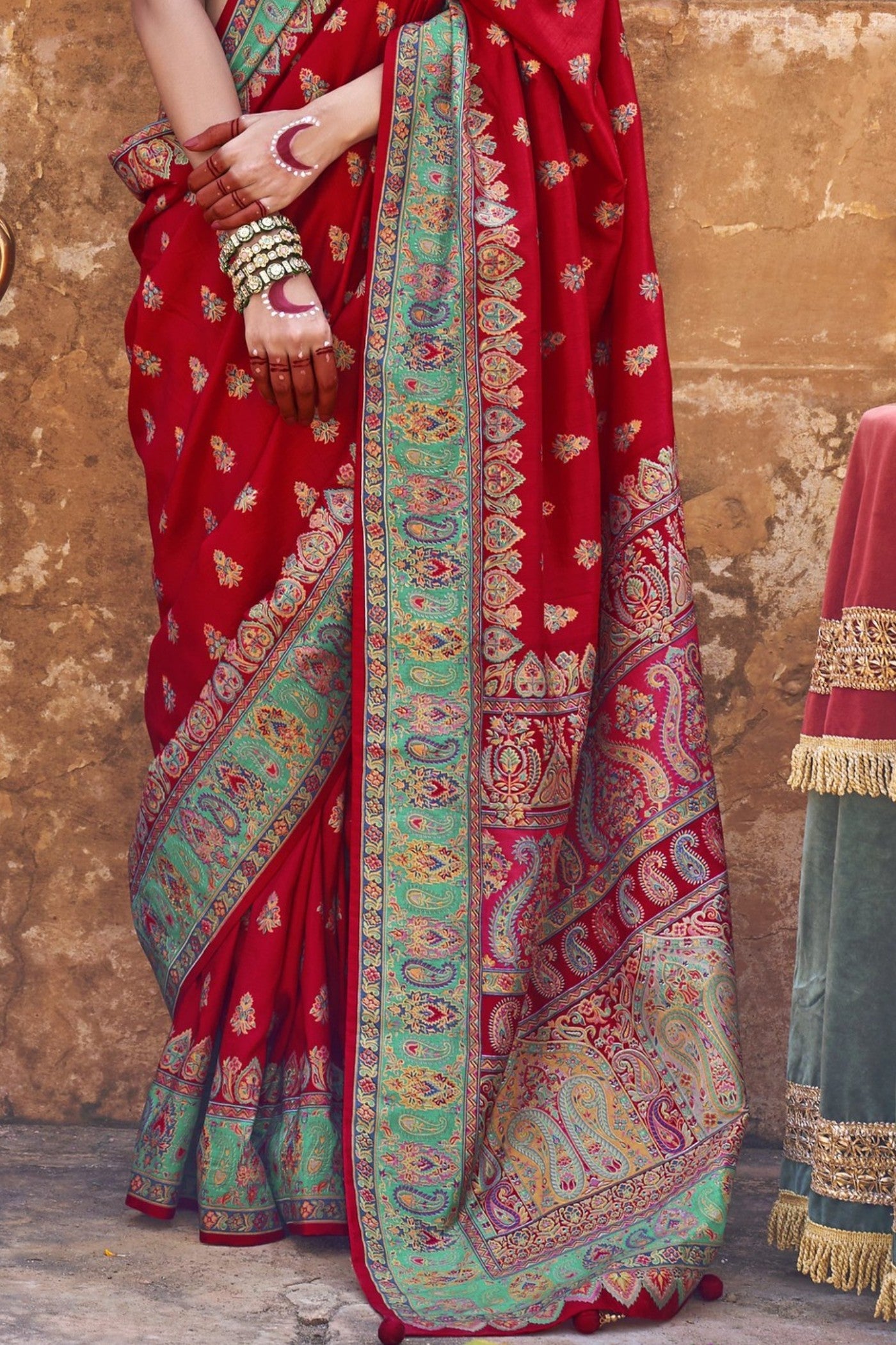 Poppies Red Banarasi Jamawar Saree