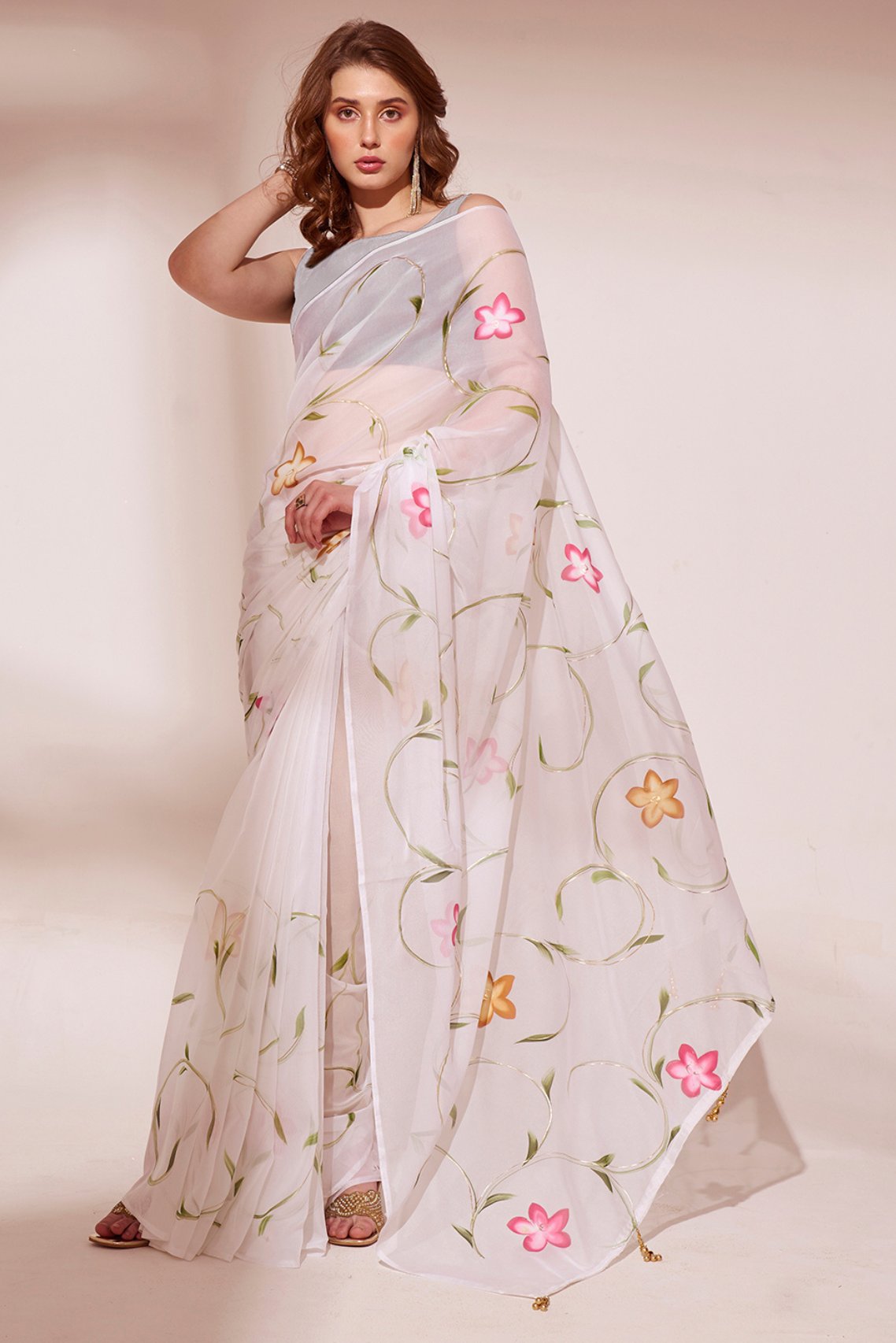 Pearl White Printed Organza Saree