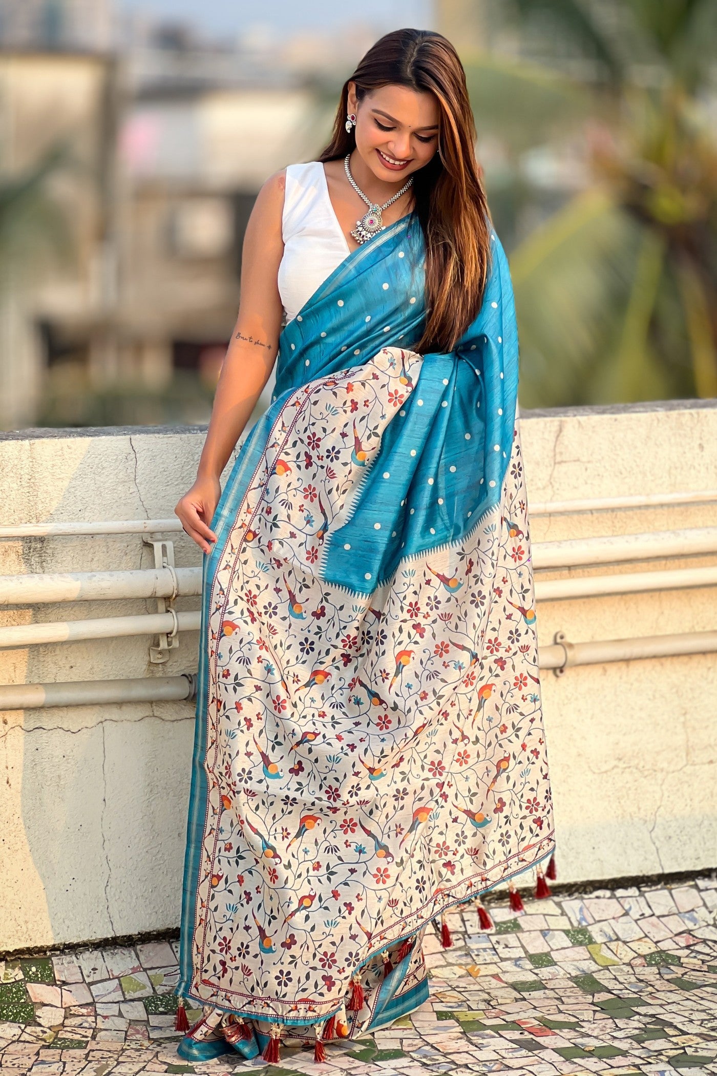 Turquoise Blue Floral Printed Kalamkari Saree