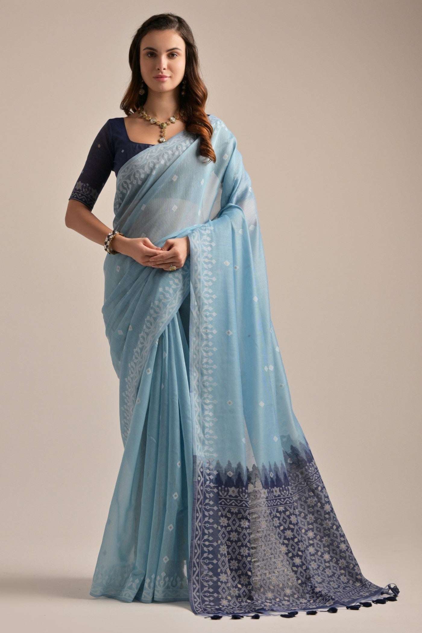 Jungle Mist Blue Lucknowi Woven Muga Cotton Saree