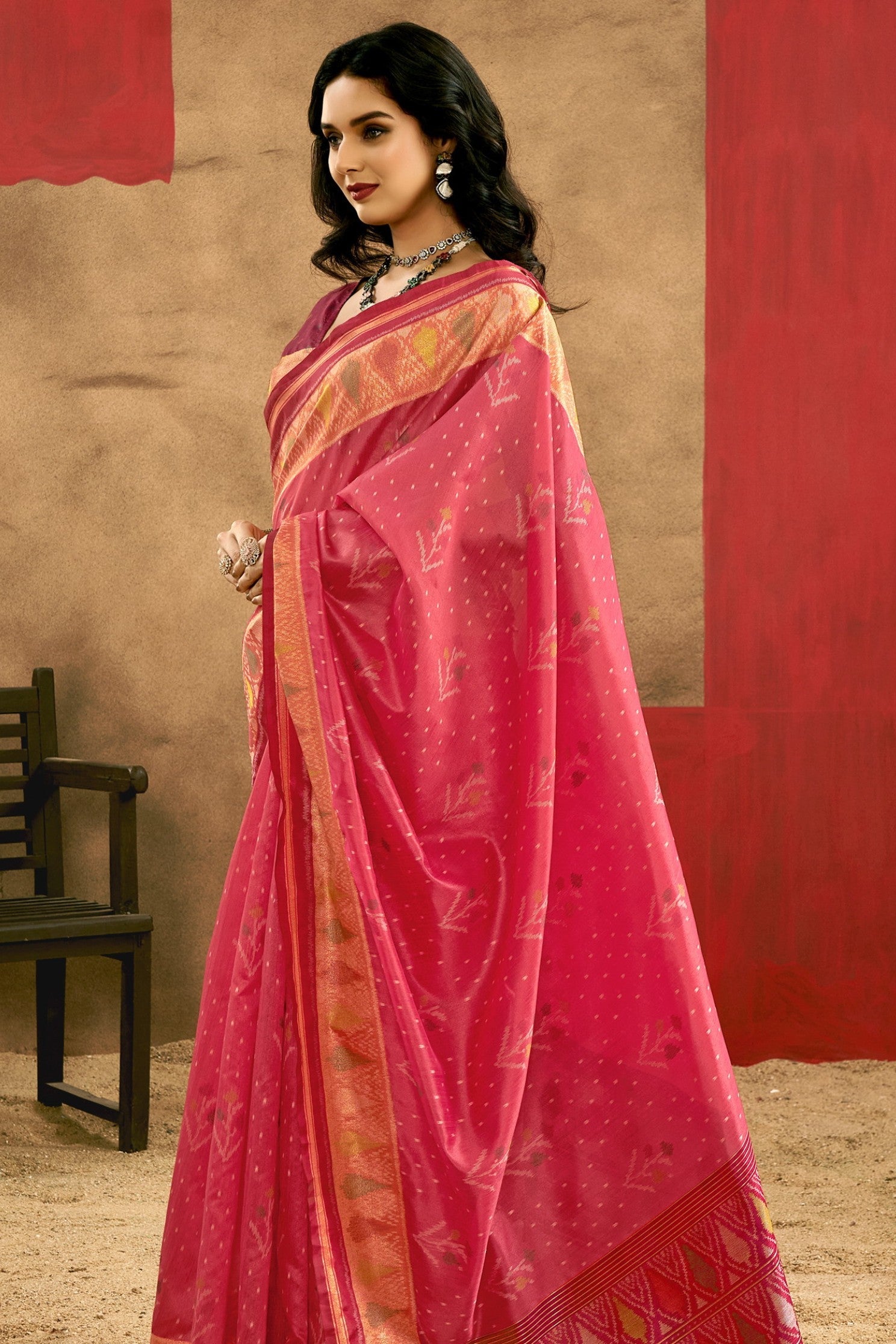 Carnation Pink Patola Handloom Saree