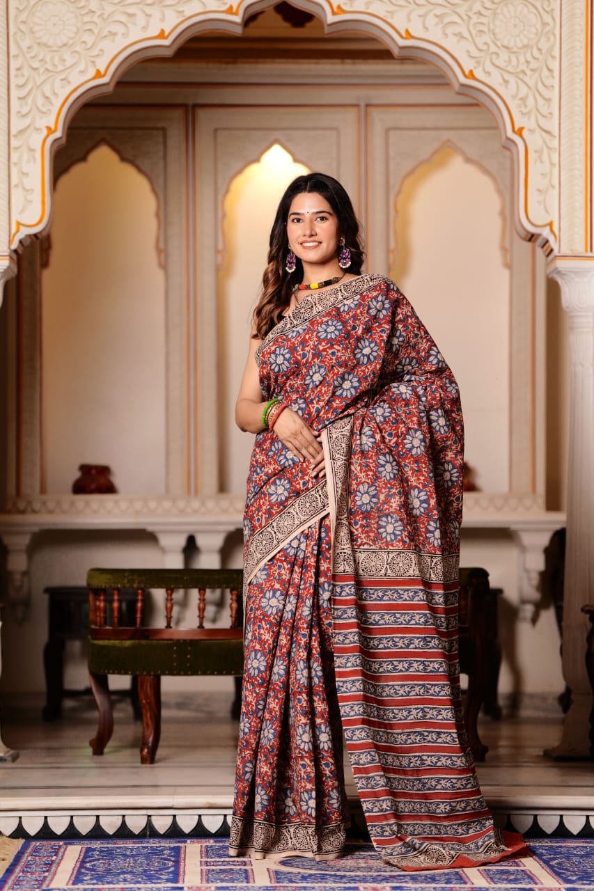 Quicksand Brown Pure Cotton Handblock Printed Saree