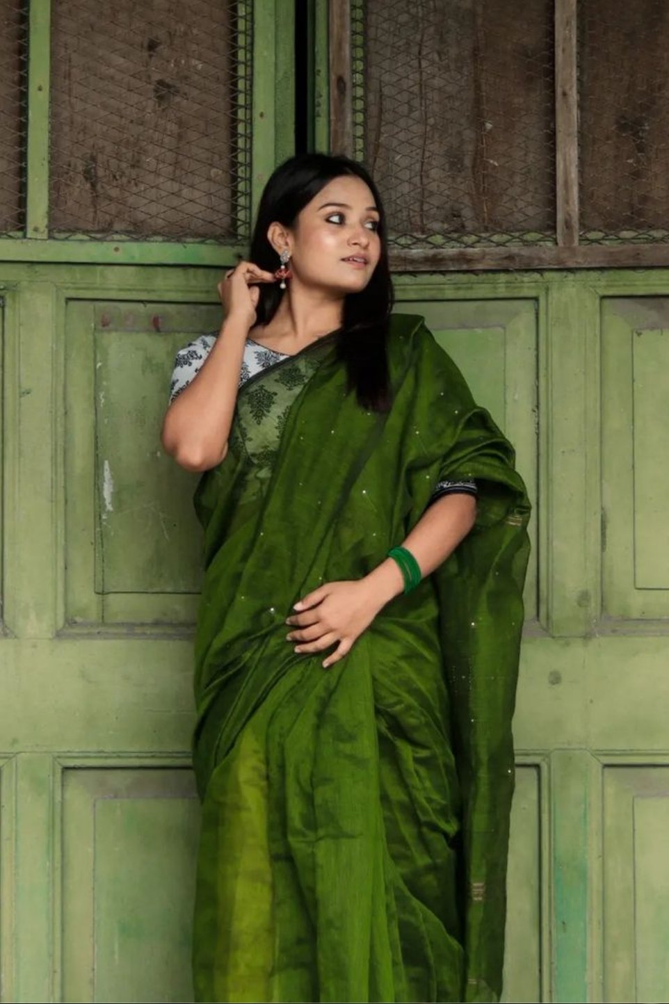 Leaf Green Cotton Sequence Saree